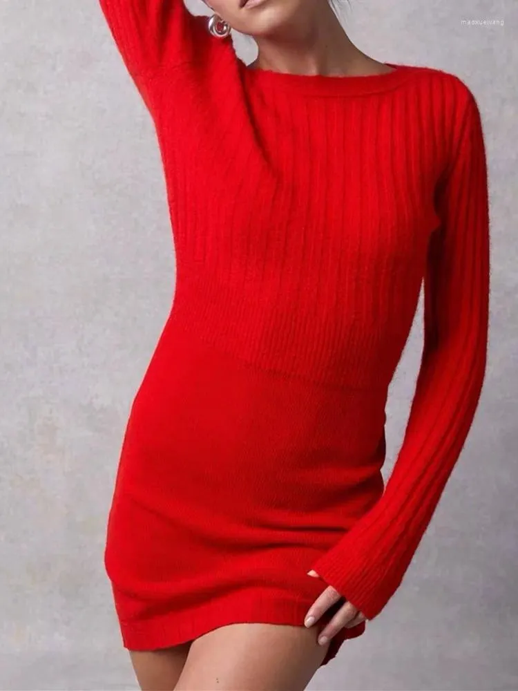 Casual Dresses Women Red Or Stripes Knit Dress Mohair Wool Blends Slim Elastic Waist Long Sleeve 2024 Spring Female Mini Robes