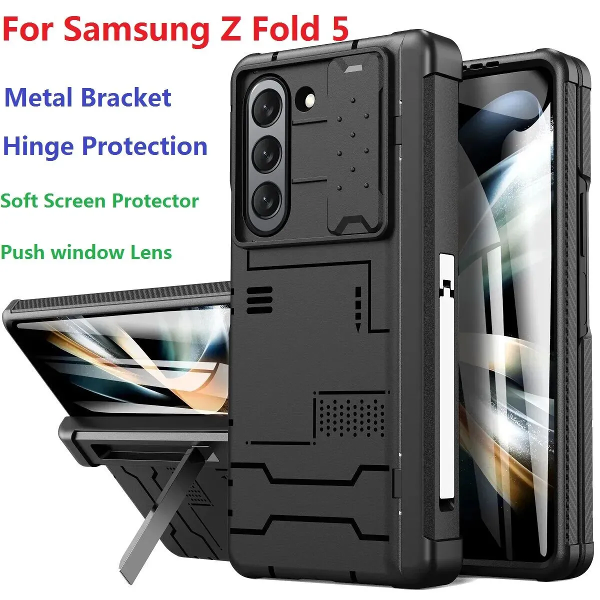 Robuste Rüstung für Samsung Galaxy Z Fold 5 Hülle Metallständer Scharnier Objektiv Kamera Schutzabdeckung mit Film