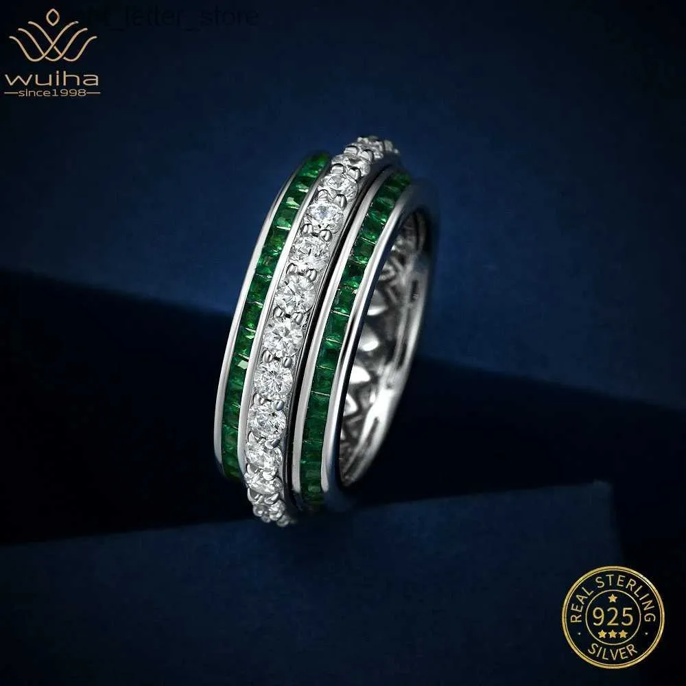 With Side Stones WUIHA Real 925 Sterling Silver Fancy Vivid Emerald Ruby Row Created Moissanite Rotating Ring for Women Luxury Gift Drop Shipping YQ231209