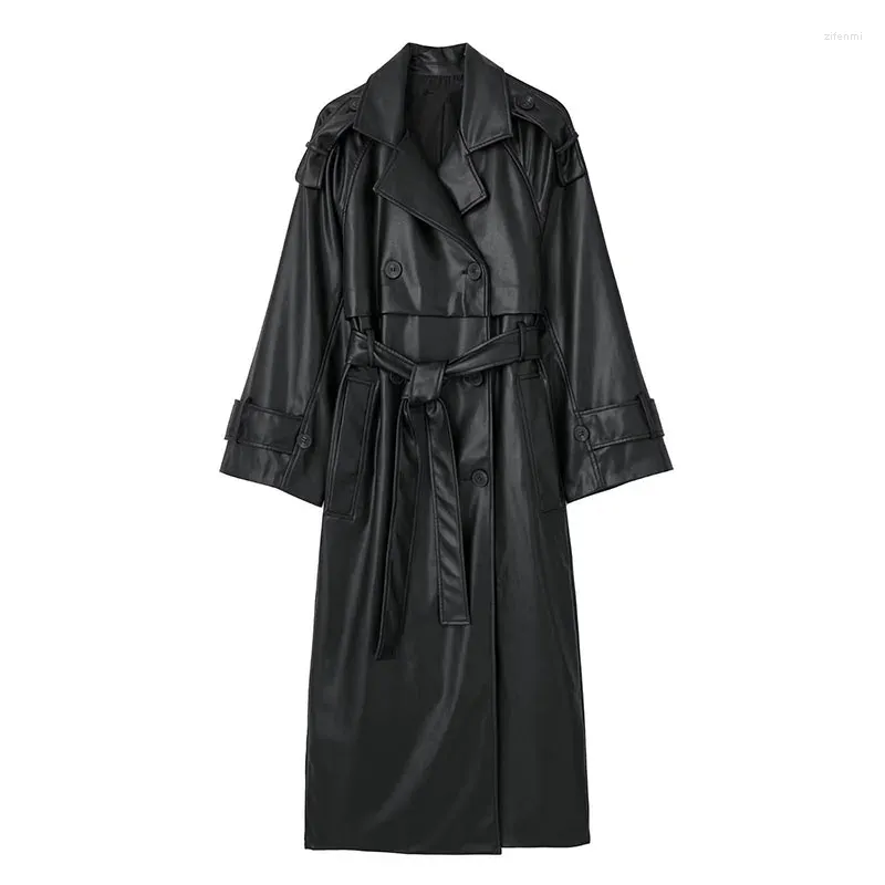 Women's Leather 2024 Black Faux Loose Double Breasted Trench Belted Streetwear Long Coat Winter Overcoat