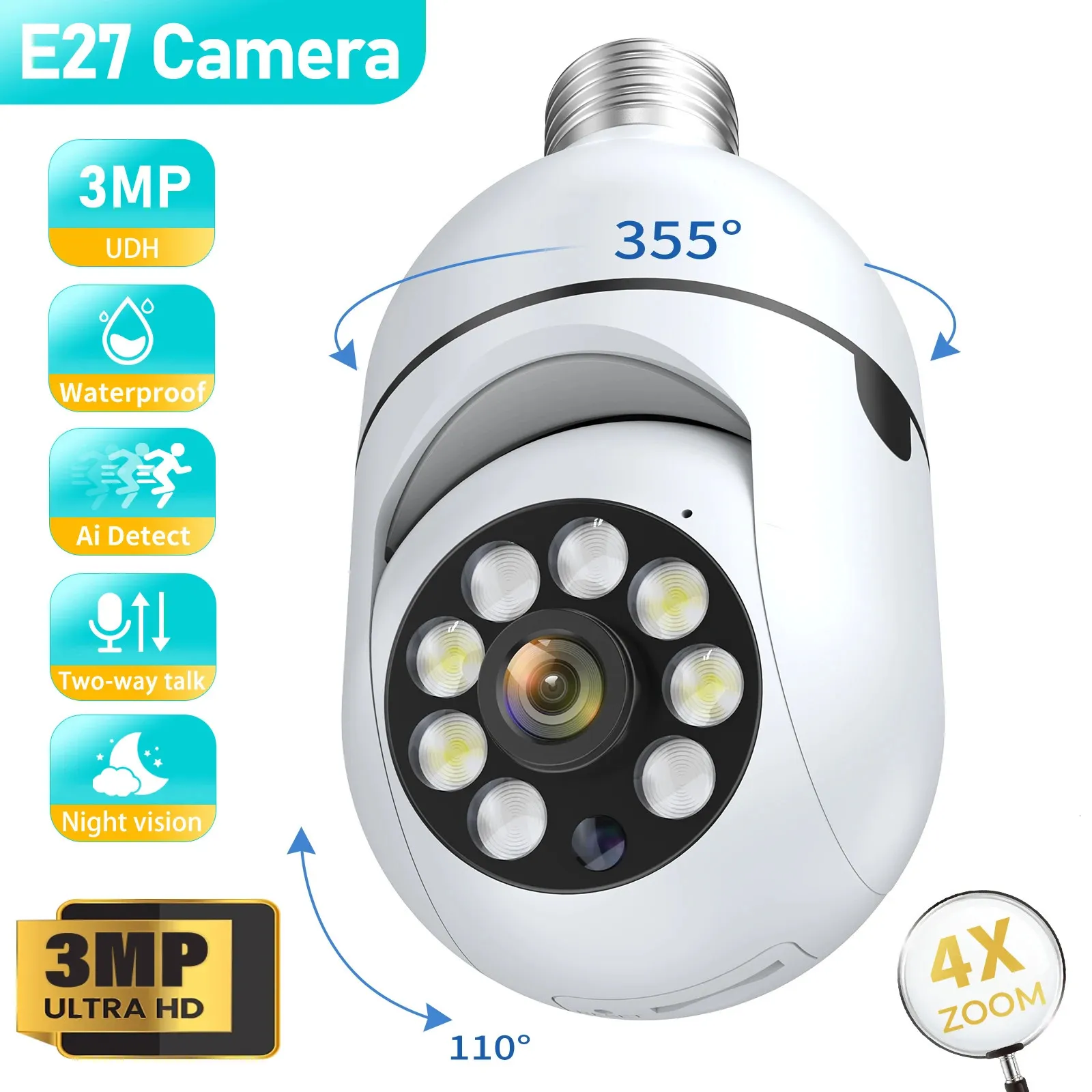 Câmeras Dome 1/4PCS 3MP E27 Bulb IP WiFi Câmera interna Câmera de vigilância de vídeo Proteção de segurança Monitor de bebê Full Color Night Vision Cam 231208