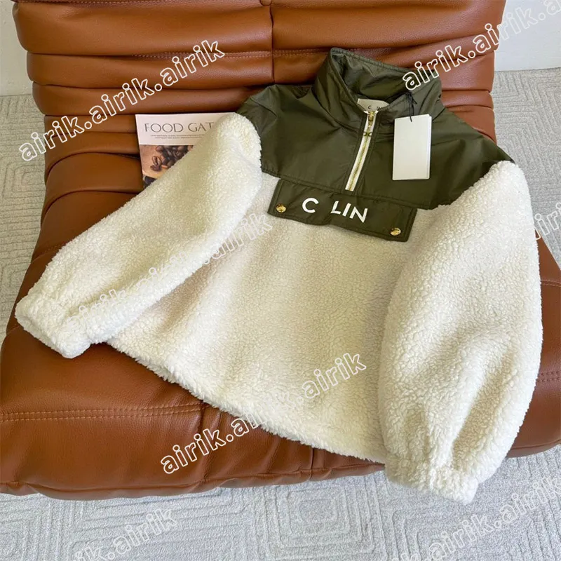 24ss autunno e inverno nuovo colore di giunzione cappotto in lana d'agnello moda casual età e spesso caldo colletto alla coreana top donna lusso lettera ricamo colore cappotto in lana d'agnello