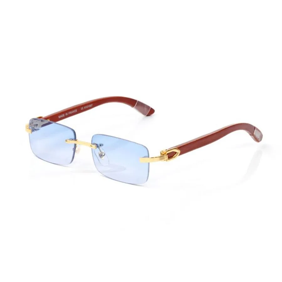 Hombre Sombras Mujeres Gafas de sol de diseño Para hombre Marrón Cuerno de búfalo Gafas de sol Marco Retro Gafas de sol de madera Gafas sin montura Lente azul Su284v