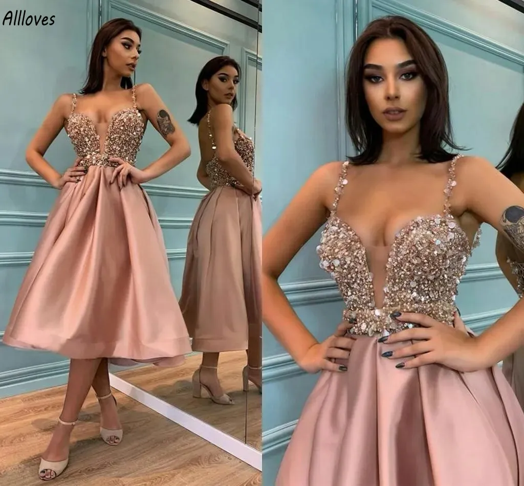 Sequins Sparkling Short Crystal Prom Party Dresses Sexy Spaghetti Straps Knee Length Tail Formal Gowns Ruched Satin Arabic Aso Ebi Night Club Wear AL7640