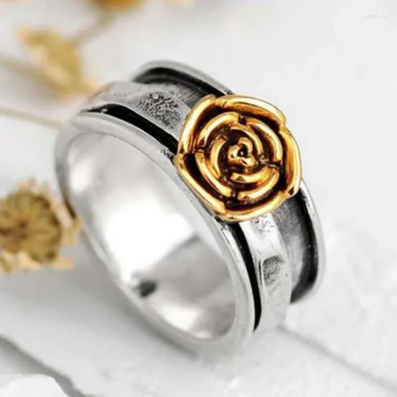 Cluster Rings Vintage Wide Gold Color Two-tone Rose Flower Women's Wedding Bands Punk Style Party Ring Jewelry Accessories