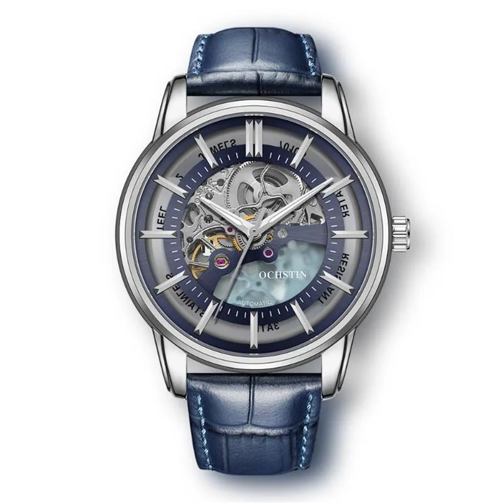 ساعة معصم Ochstin Watch Watch Men Fashion Leather Watchband Vintage Skeleton Male Male Automatic Wristwatch Gift For H333L