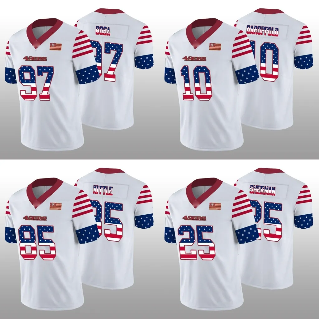 San Francisco''49ers''Heren 85 George Kittle 25 Richard Sherman 97 Nick Bosa Dames Jeugd Wit Independence Day Jersey