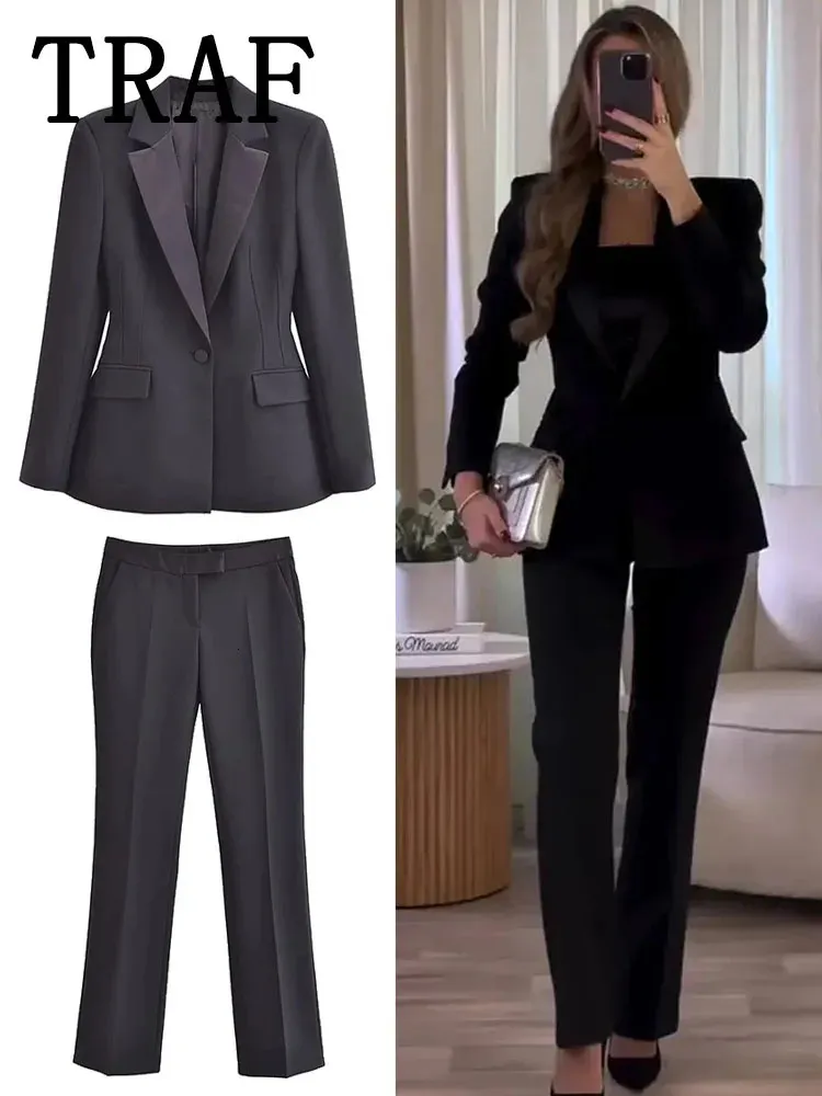 Calças de duas peças femininas traf blazer conjunto mulher 2 peças terno 2024 primavera outono moda preto elegante escritório outfit 231208
