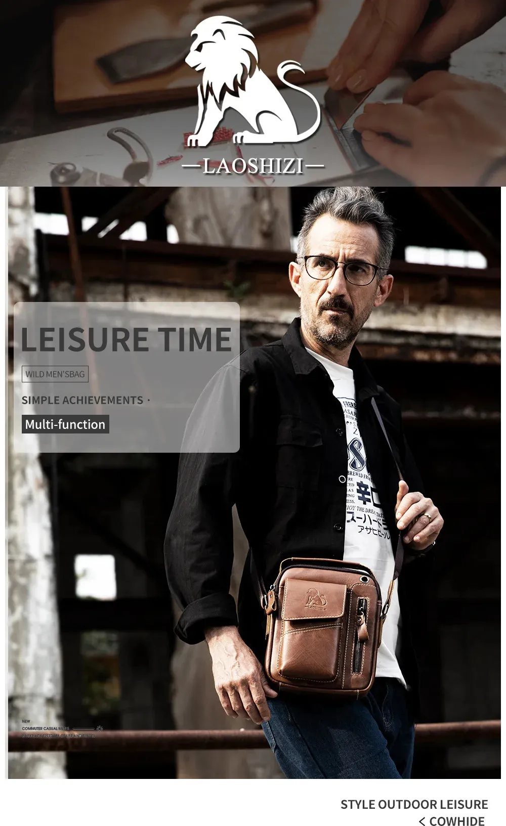 LAOSHIZI Mens Leather Shoulder Bag Vintage Crossbody Purse With