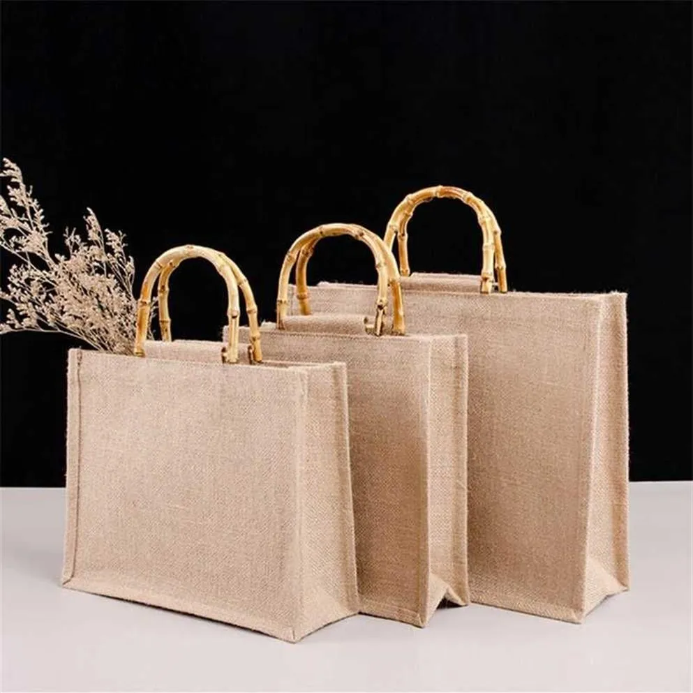 Vintage Handbag Bamboo Loop Handles DIY Bag Retro Waterproof Shopping Bag Solid Color Jute Portable Bag Coarse Woven Fashion 21102269U