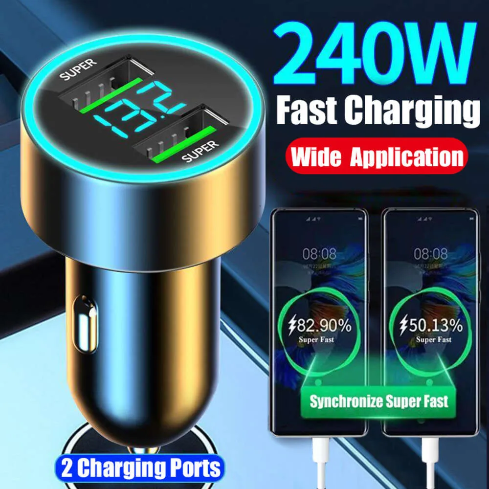 New 240W Car Charger Fast Charging 2 USB Ports Adapter for IPhone Samsung Xiaomi Quick Charging Chargers with Digital Display