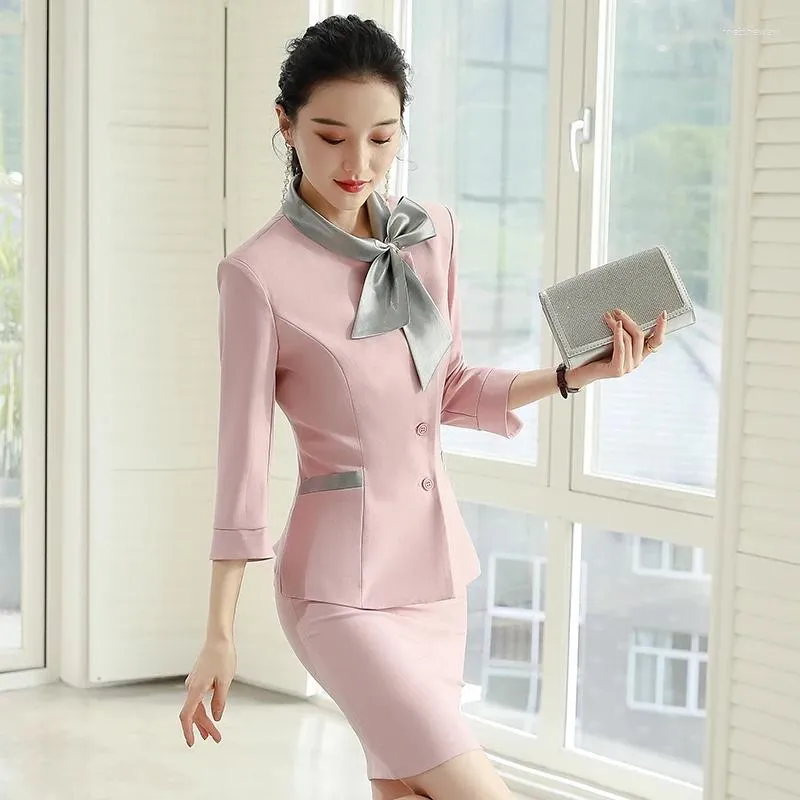 Work Dresses Ladies Wear Office Uniform Styles 2023 Fashion Pink Blazer Women Business Suits Skirt And Jacket Sets Scarf