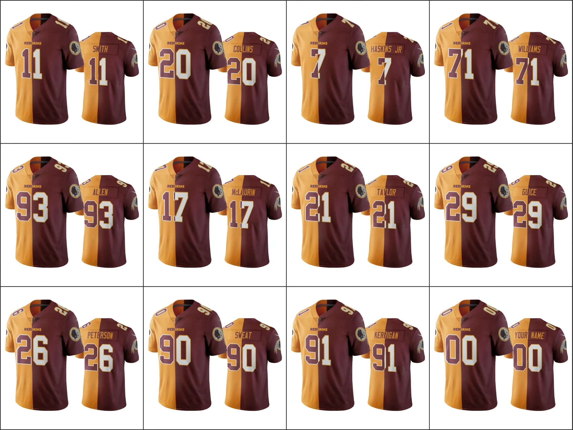 Washington''redskins''men 11 Alex Smith 17 Terry McLaurin 21 Sean Taylor Custom Women Youth Gold Burgogne Two Tone Jersey