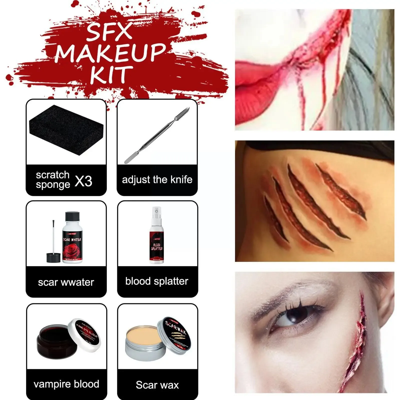 Pittura per il corpo Kit per il trucco di Halloween Pittura ad effetti speciali Cera finta Cicatrice Sangue Set Gel per feste F G7N7 231208