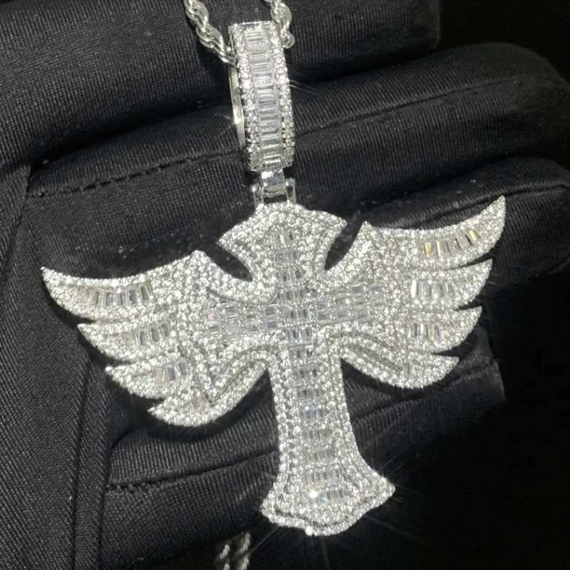 Männer Frauen Mode Halskette Vergoldet Voll CZ Iced Out Flügel Kreuz Anhänger Halskette mit 3mm 24 zoll Seil Kette Schmuck