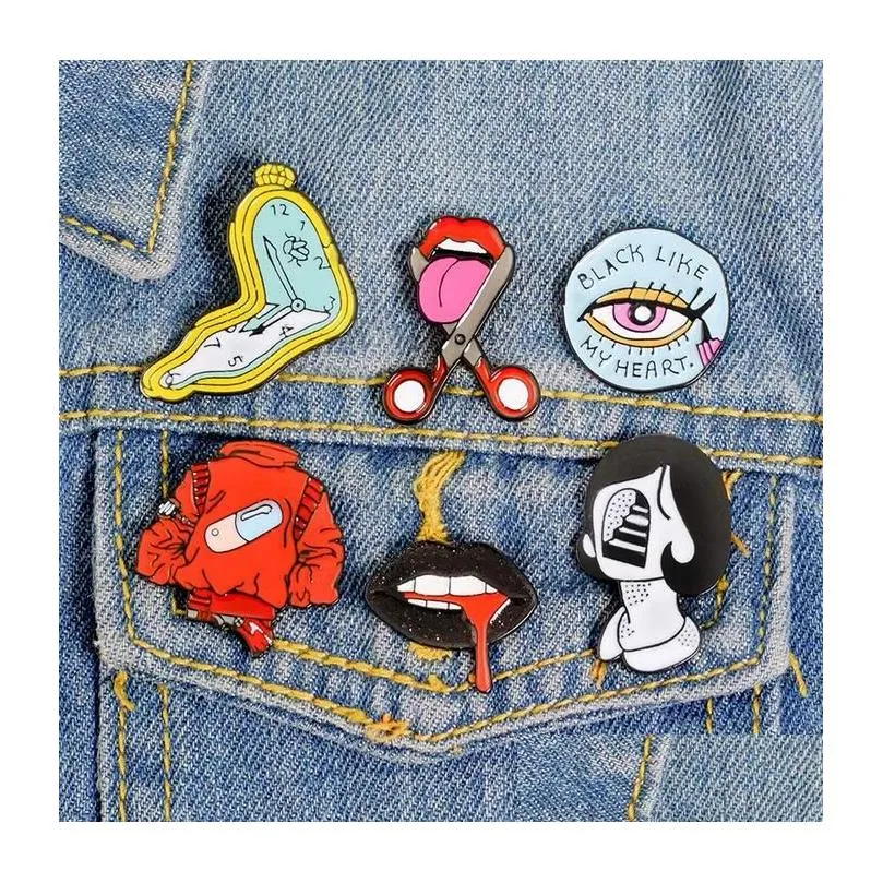 Pins Brooches Punk Style Lips Clock Kawaii Enamel Badge Buttons Brooch Shirt Denim Jacket Bag Decorative For Women Men Drop Delivery J Dhbdq