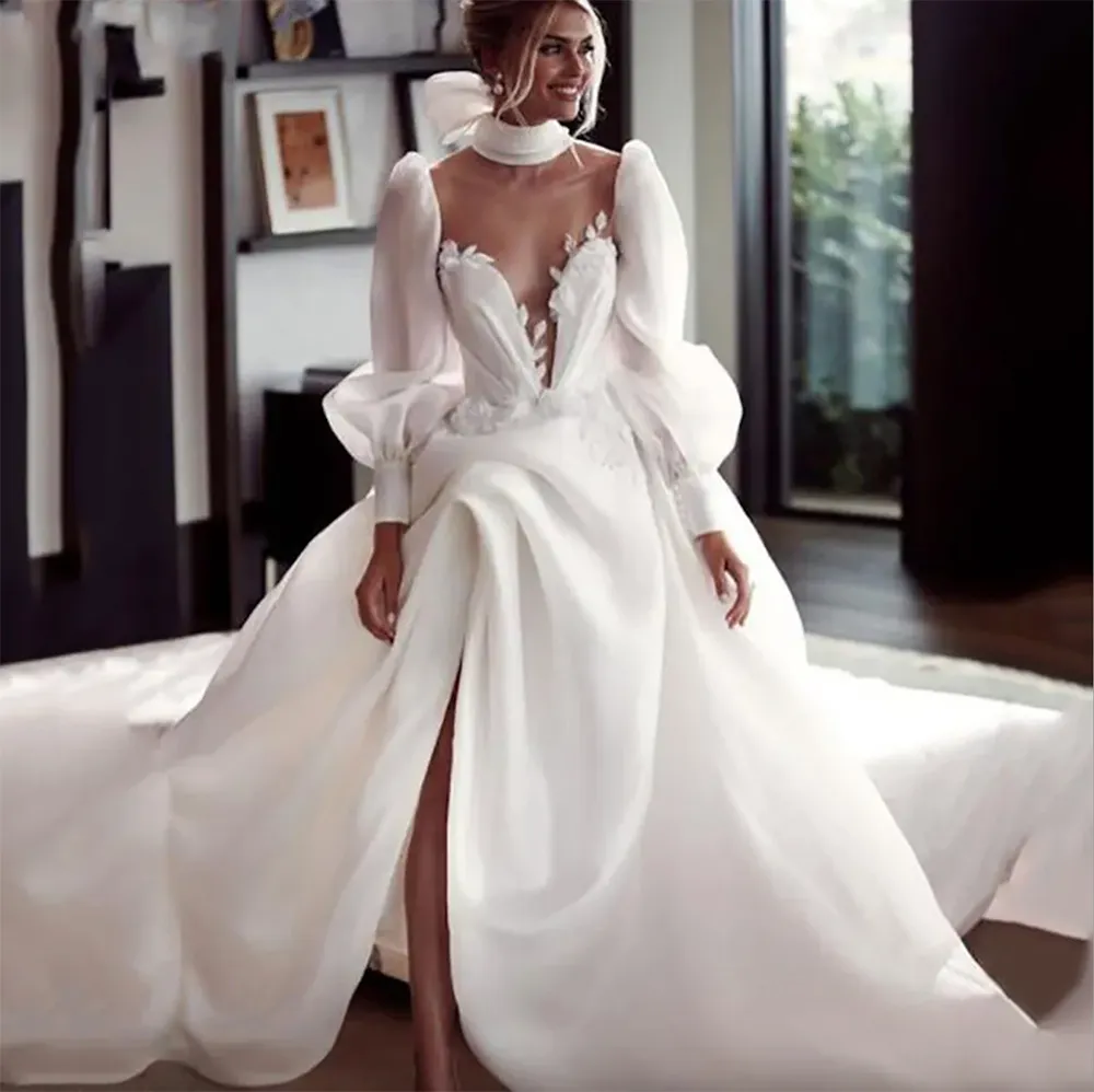 Simples princesa vestidos de casamento longos vestidos de noiva uma linha ilusão alta pescoço puff mangas completas lado split branco marfim renda vestido de noiva 2023 robe de mariee