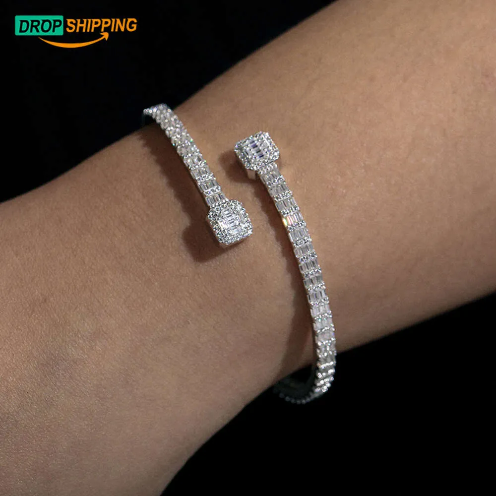 Drop Verzending Fijne Vrouwen Sieraden VVS Baguette Moissanite Diamond Beroemde Merk Manchet Bangle Sterling Sier 3.8Mm Breedte Hiphop