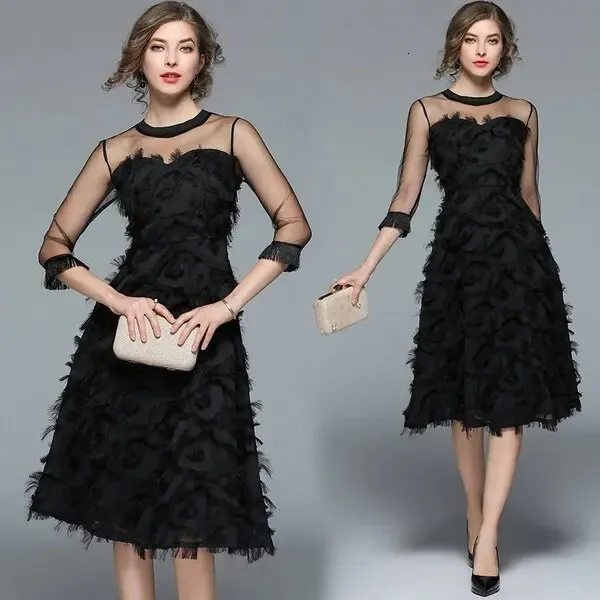 Abiti casual basic Donna Elegante abito da cocktail nero Moda formale Prom Piuma da sera in pizzo 231208