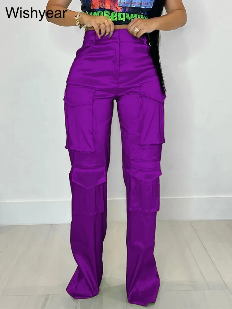 Jeans voor dames Casual hoge taille Rechte broek met knoopsluiting Nachtcluboutfits voor dames Street chic Zijdeachtig satijn Cargobroek met meerdere zakken 231208