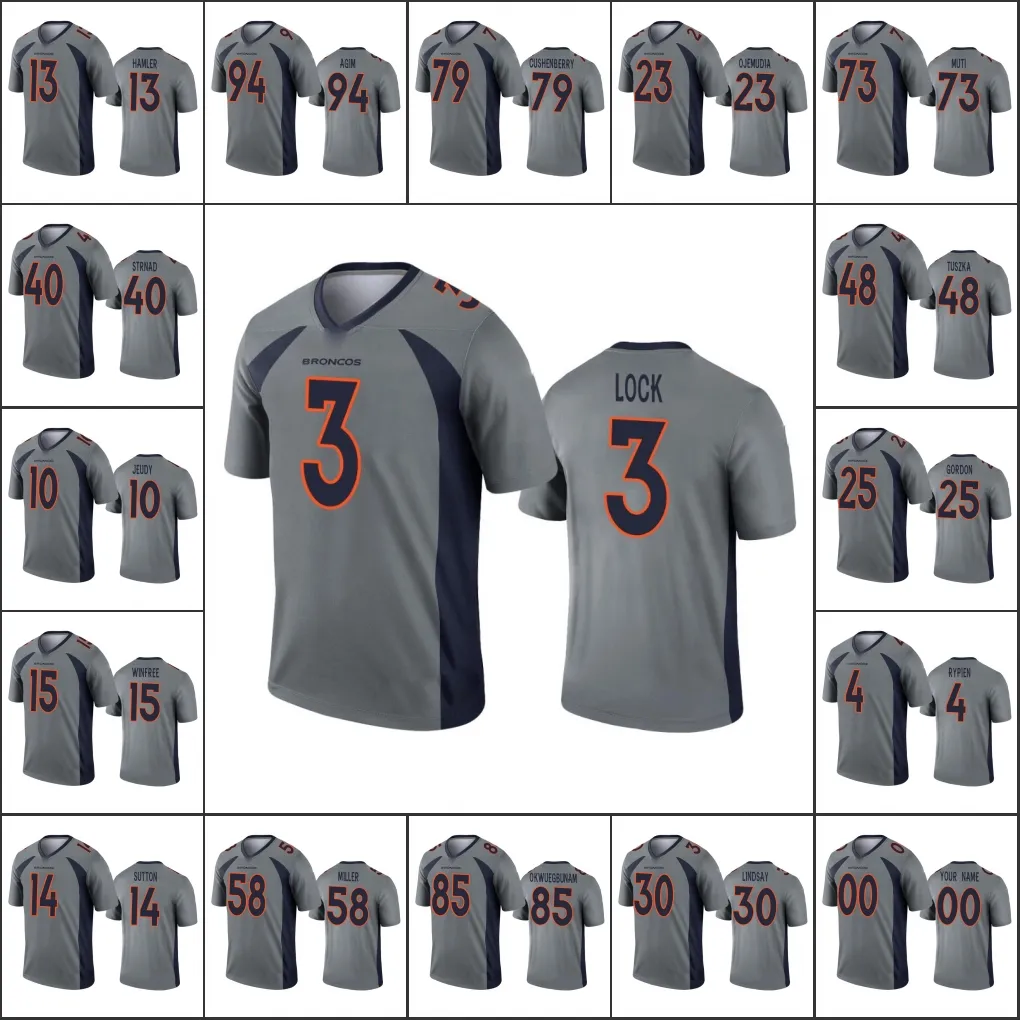 Denverbroncosmen 15 Juwann Winfree 10 Jerry Jeudy 3 Drew Lock 30 Phillip Lindsay Custom Women Youth Grey Berverted Limited Jersey