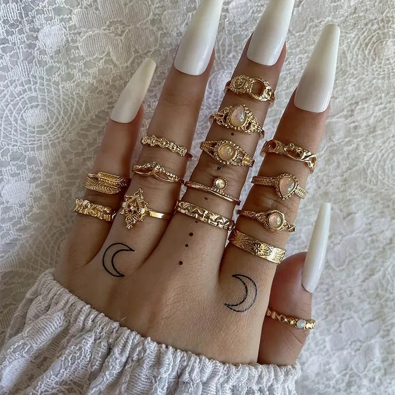 Cluster Rings 16/15 Pcs/Set Fashion Women Set Silver Color Mushroom Flower Elephant Moon Gem Finger Ring Girl Charm Party Jewelry