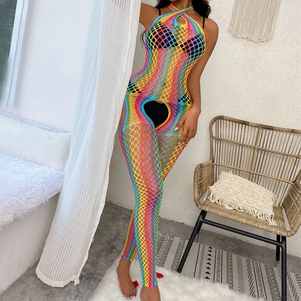 Vrouwen regenboog visnet bodystocking sexy mesh uitgehold doorzien bodysuit erotisch transparant kostuum nachthemd