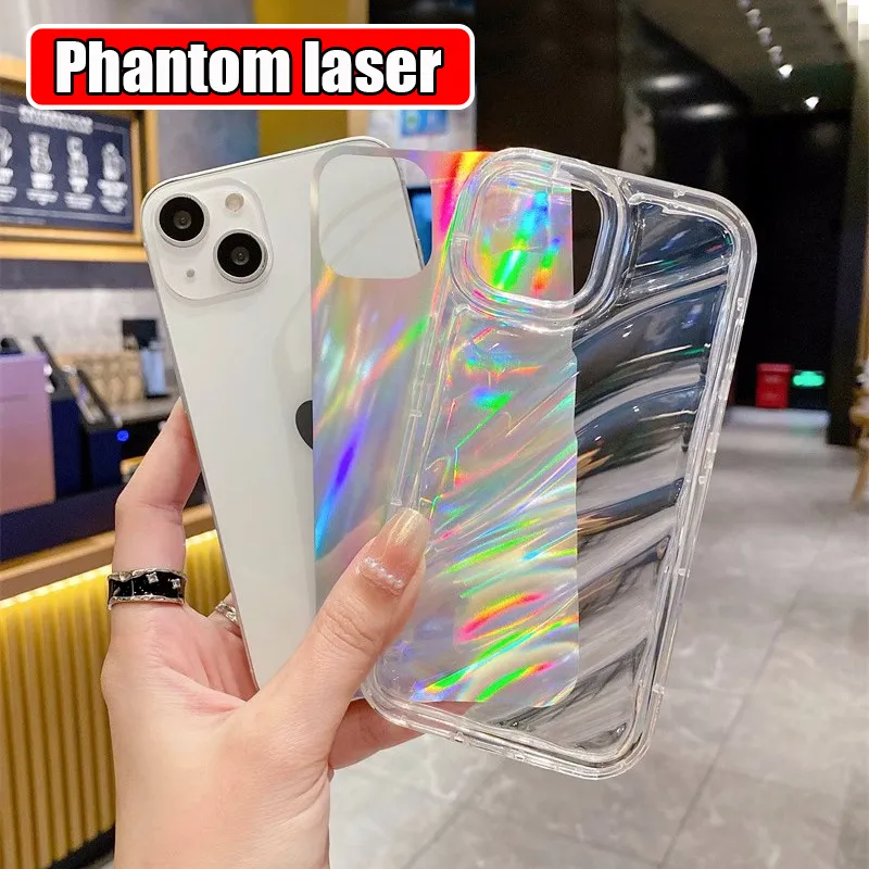 Mobile Phone Case For iPhone 15 Pro Max 14 Plus 13 Mini 12 11 2 in 1 Gradient Laser Clear Transparent Shockproof Soft Rubber TPU Silicone Cover