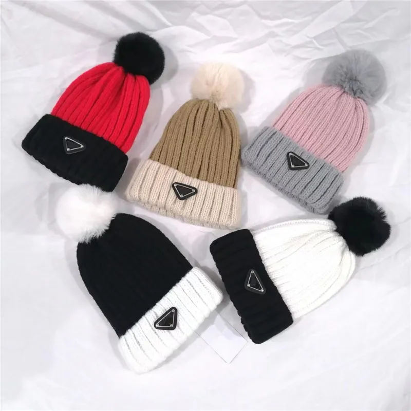 Designer Frauen Strickmütze Luxus Ski Pom Pom Hüte Herbst Winter Warme Mütze Outdoor Splice Mädchen Weibliche Beanie Dicke Reiten Ski Motorhaube Kappen Mädchen