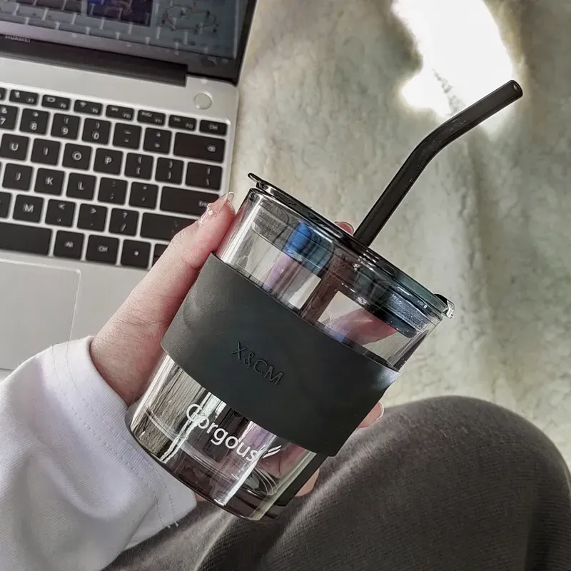 Light luxury office straw Northern Lights glass cup home student straw cup portable Internet celebrity couple high-value cup