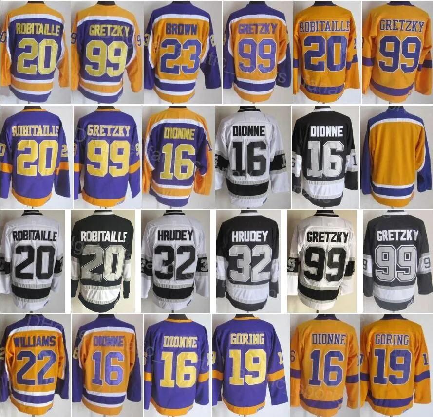 Men Retro Ice Hockey Vintage 32  Hrudey Jersey 23 Dustin Brown 99 Wayne Gretzky 20 Luc Robitaille 19 Butch Goring Black Yellow Purple White All Stitching GuoWang