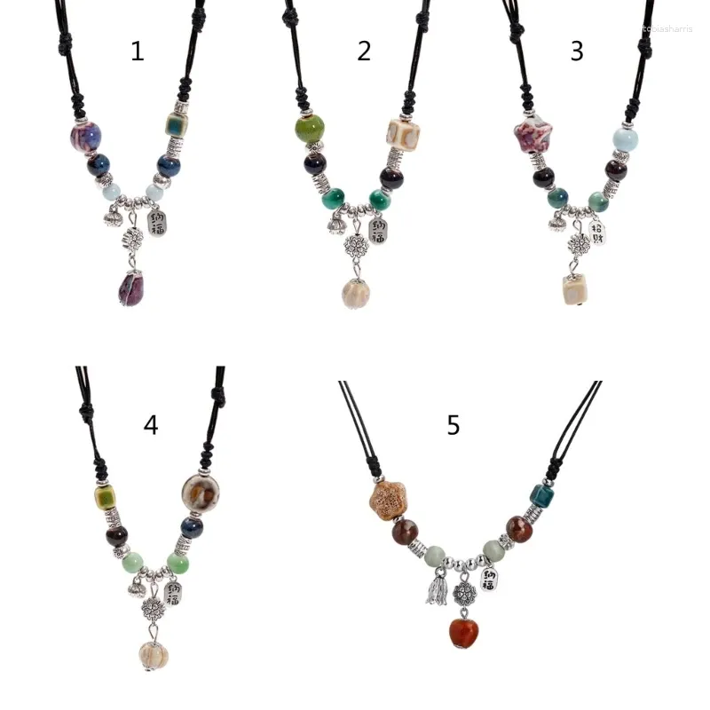 Chaînes Bohemian Style ethnique Collier fait à la main en céramique perle goutte d'eau pendentif tour de cou taille réglable femmes F19D