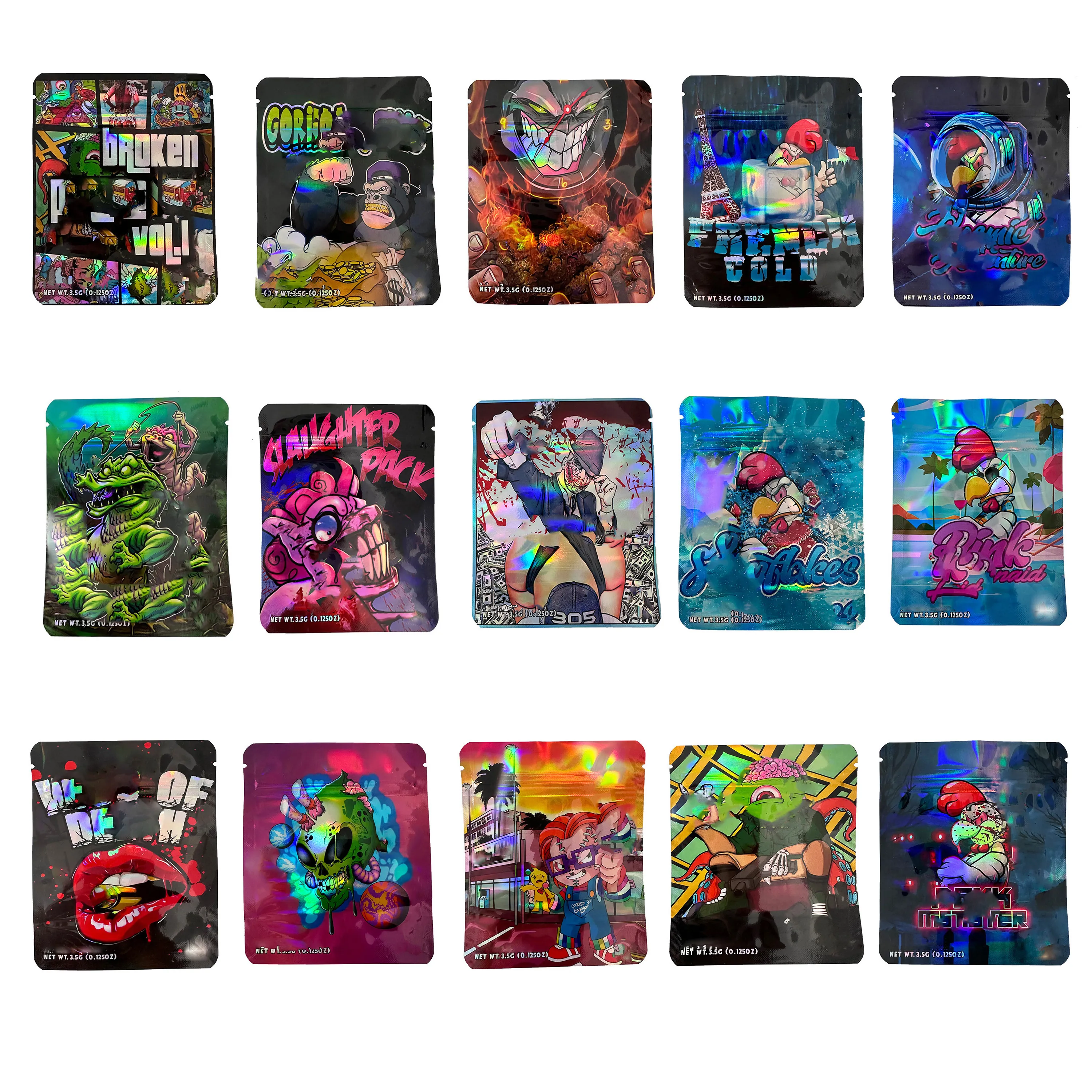 wholesale Bolsas de Mylar de plástico con láser holográfico 3,5 g Sellado térmico Embalaje resellable 3,5 Bolsa con cremallera troquelada