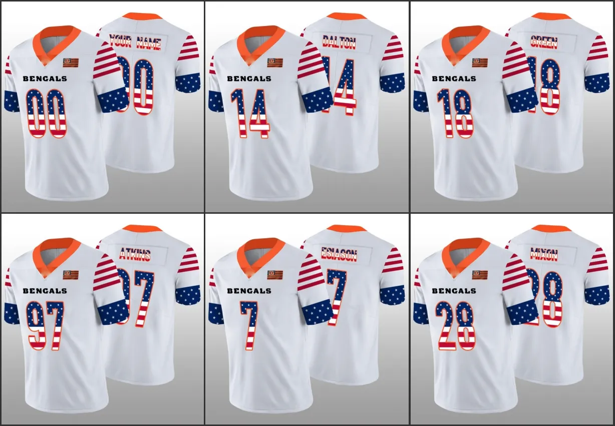 Cincinnati''Bengals''Men 14 Andy Dalton 18 A.J. Green 28 Joe Mixon Custom Women Youth Independence Day White Jersey