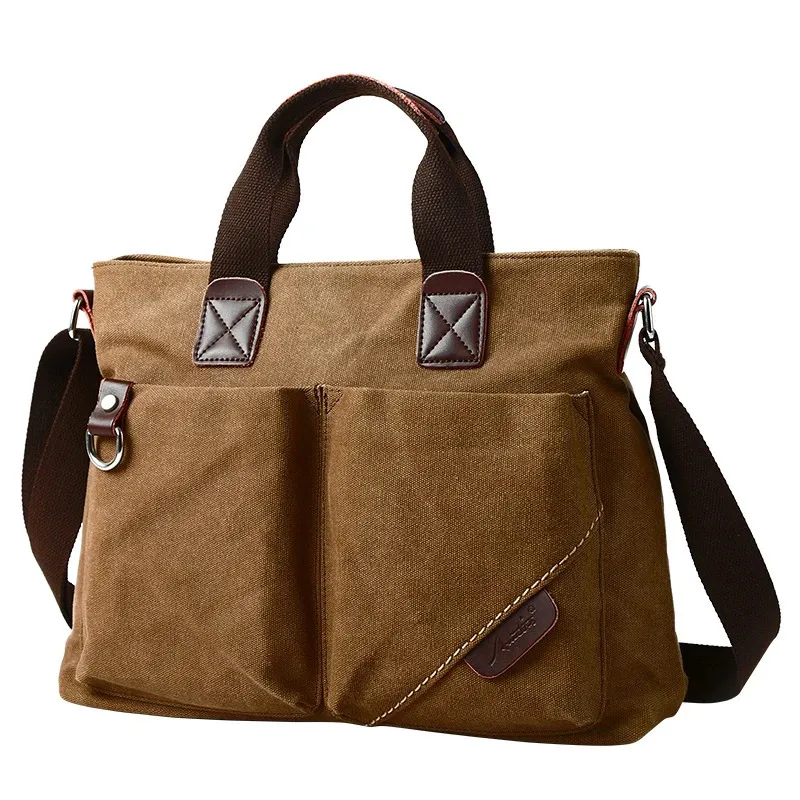 Aktentaschen Canvas Herren Handtasche 14 Zoll Laptop Aktentasche Vintage Einfarbig Umhängetasche Große Kapazität Business Retro Messenger Bags 231208