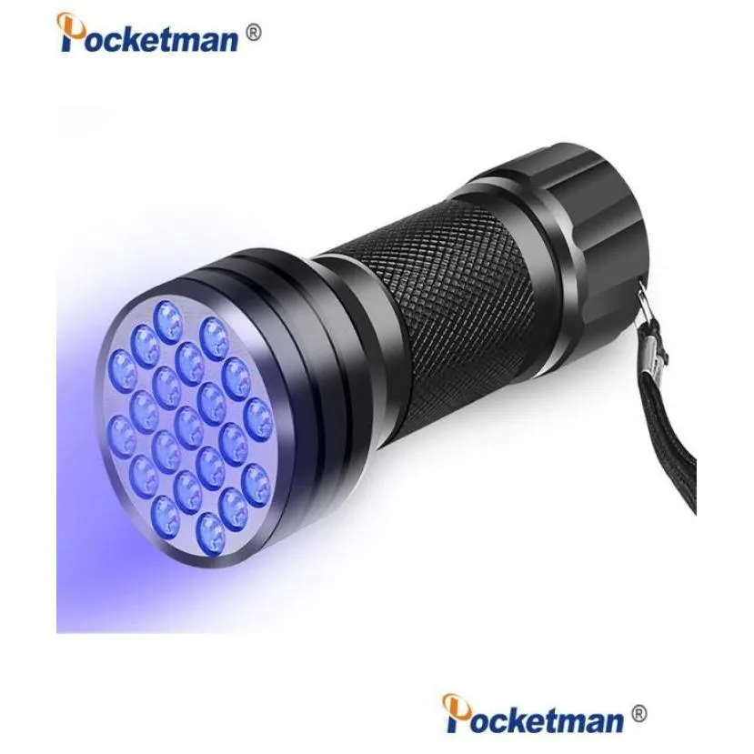 Flashlights facklor UV -ficklampa 21LED 12LED LIGHT 395400NM LED LINSTERA TORCH TRAVIOLET Black Lamp3676307 Drop Delivery Sports Outd Dh8x0