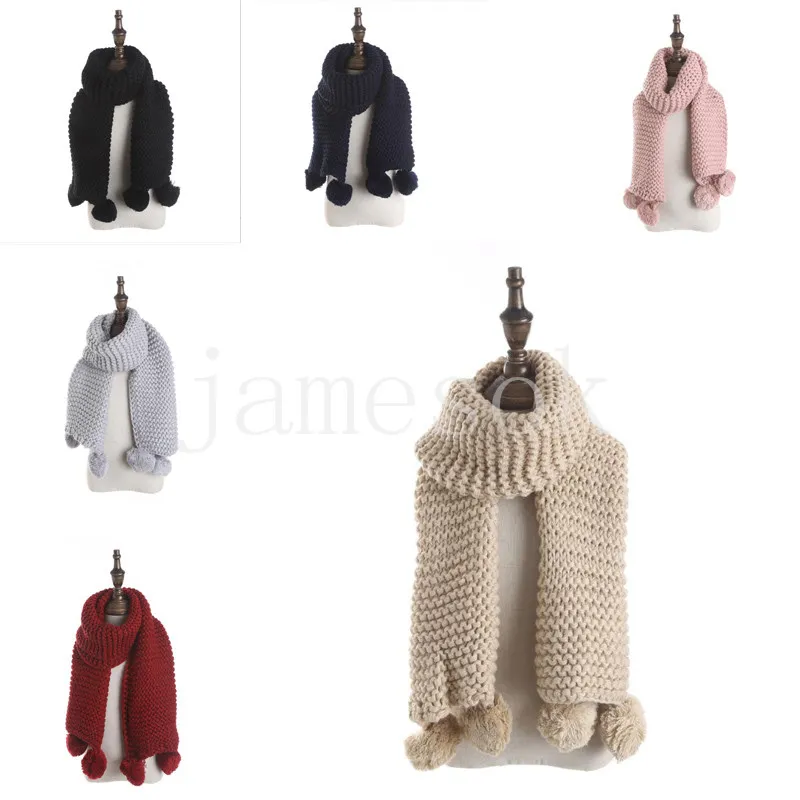 kids scarf Solid color Acrylic knitted pompom children scarf for winter DF330