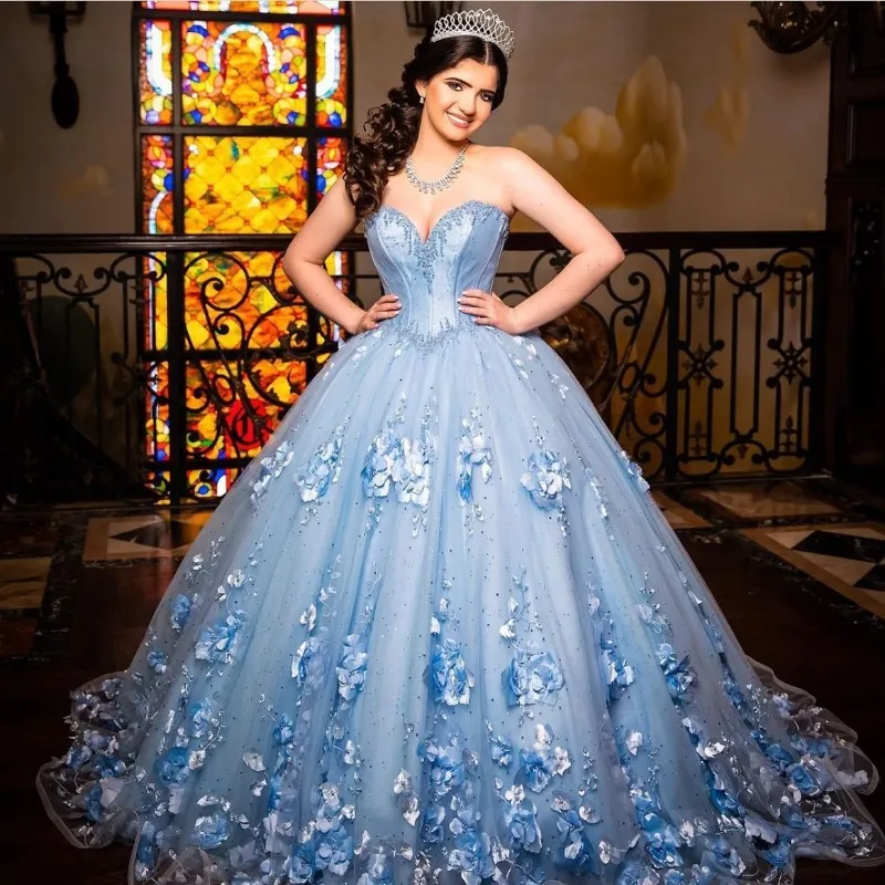 Abito da Quinceanera con scollo a cuore blu cielo Abito da ballo con spalle scoperte Fiore 3D Perline Corsetto Puffy Sweet 16 Dress Abiti 15 De Fiesta