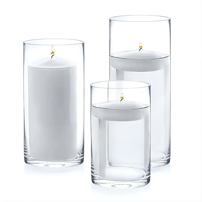 3 portacandele alti in vetro trasparente a stelo lungo per candele a pilastro, eleganti calici galleggianti, vasi per matrimoni, centrotavola da tavolo per appuntamenti