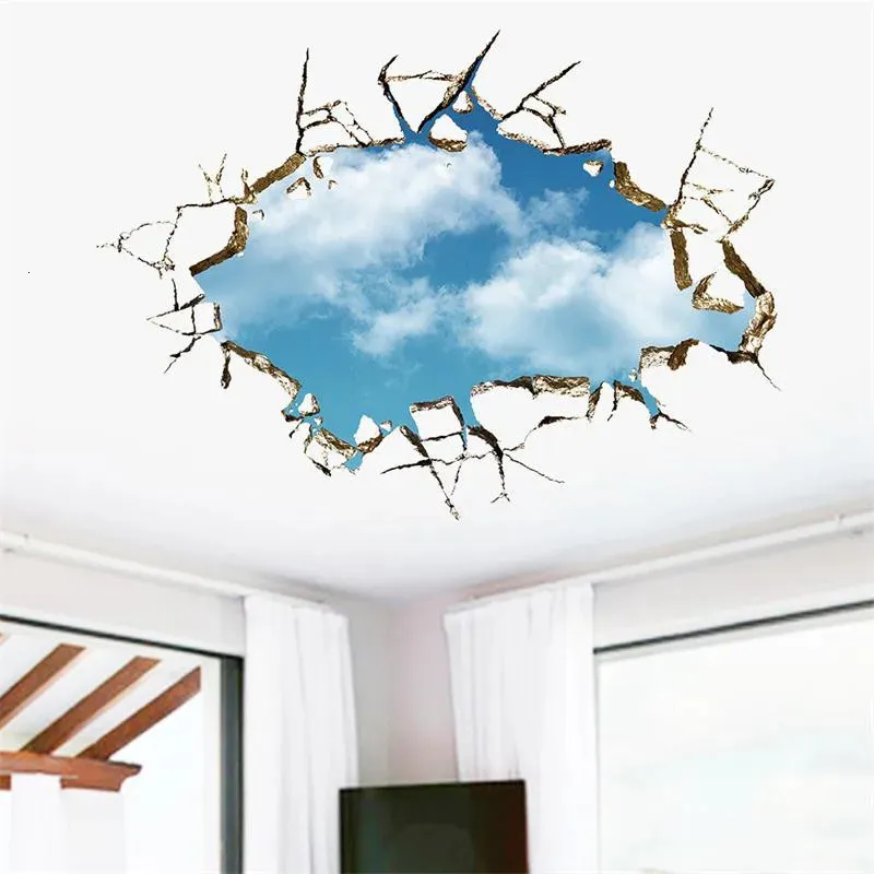 Wall Stickers vivid Creative 3D Window Hole Landscape Blue Sky White Cloud Home Decal Wall Sticker For House Living Room Roof Decals Stickers 231208