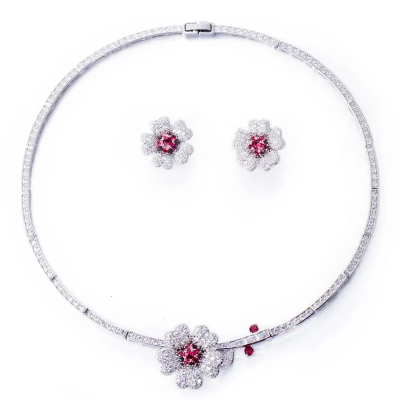 Zestawy biżuterii ślubnej Cwwzircons Druzy CZ Stone Big Red Flower Bridal Choker Naszyjnik i kolczyki Kostium imprezowy dla narzeczonych T0518 231208