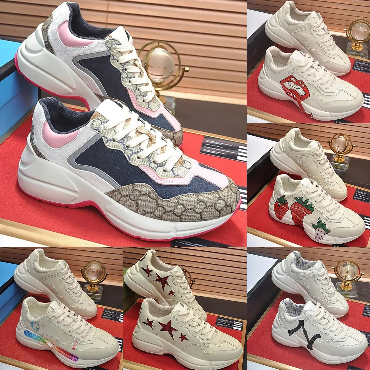 Chaussures de cureau de créateur rhyton chaussures décontractées bascènes de basteaux multicolores chaussures beige chaussures fraises souris hommes sneakers g familial imprimer en cuir chaussures