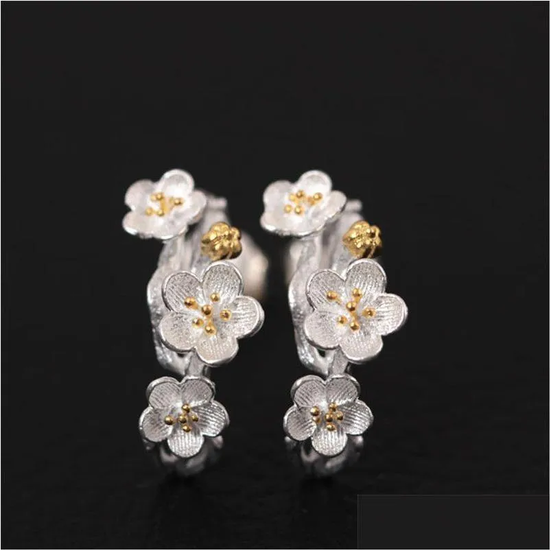 Charms 925 Sterling Sier Plum Stud Oorbellen Vrouwelijke etnische handgemaakte bloeiende bloem oorbel voor vrouwen Moeder geschenken Drop Delivery Jewelr Dheoi