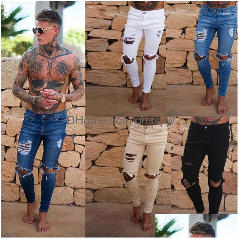 Мужские джинсы, мужские узкие обтягивающие брюки с эластичной резинкой на талии, 2022, эластичные рваные мотоциклетные джинсовые брюки, уличная одежда, мужская синяя ткань для доставки одежды Dhou4