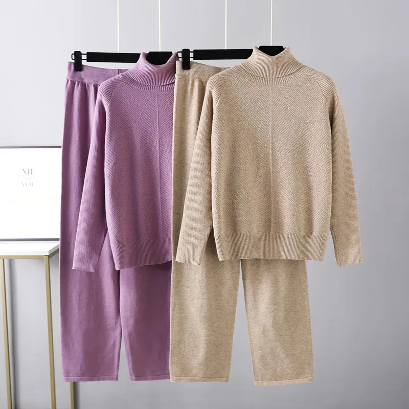 Women's Two Piece Pants Stand Collar Lazy Knit Twopiece Set 2023 Autumn Winter Thickened Sweater Fashionable Elegant Knitwear T670 231208