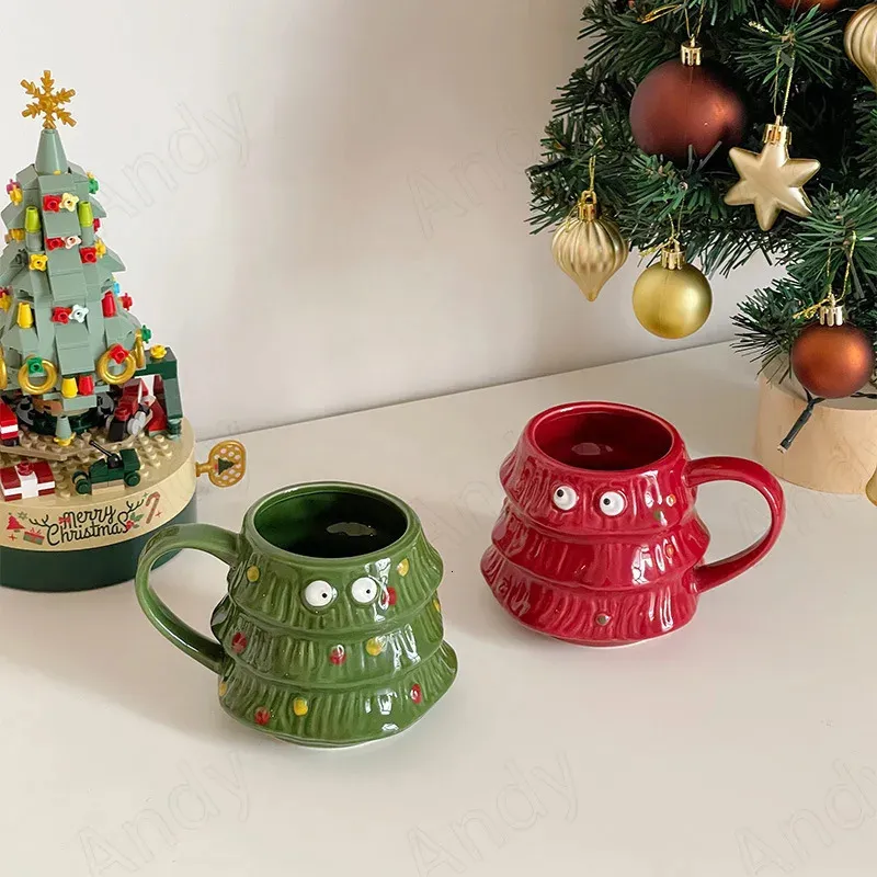 Bottiglie d'acqua Tazza in ceramica europea Simpatico albero di Natale Decorativo Ufficio Tazza da caffè Colazione Desktop Tazze da latte Decorazione della casa Bicchiere da acqua 231208