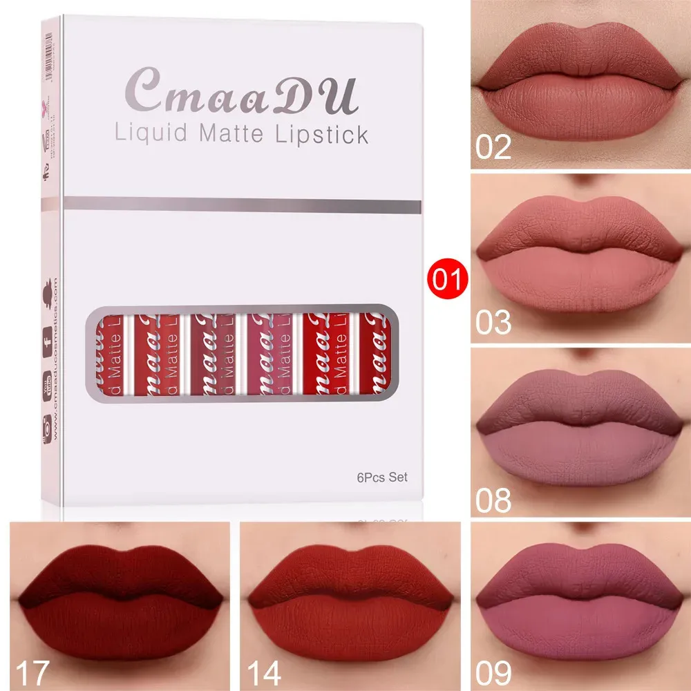 Lipstick 6 ColorsSet Fashion Matte Lip Gloss sätter naturlig fuktighet Vattentät varaktig sammet sexig röd flytande läppstift skönhet kosmetik 231208