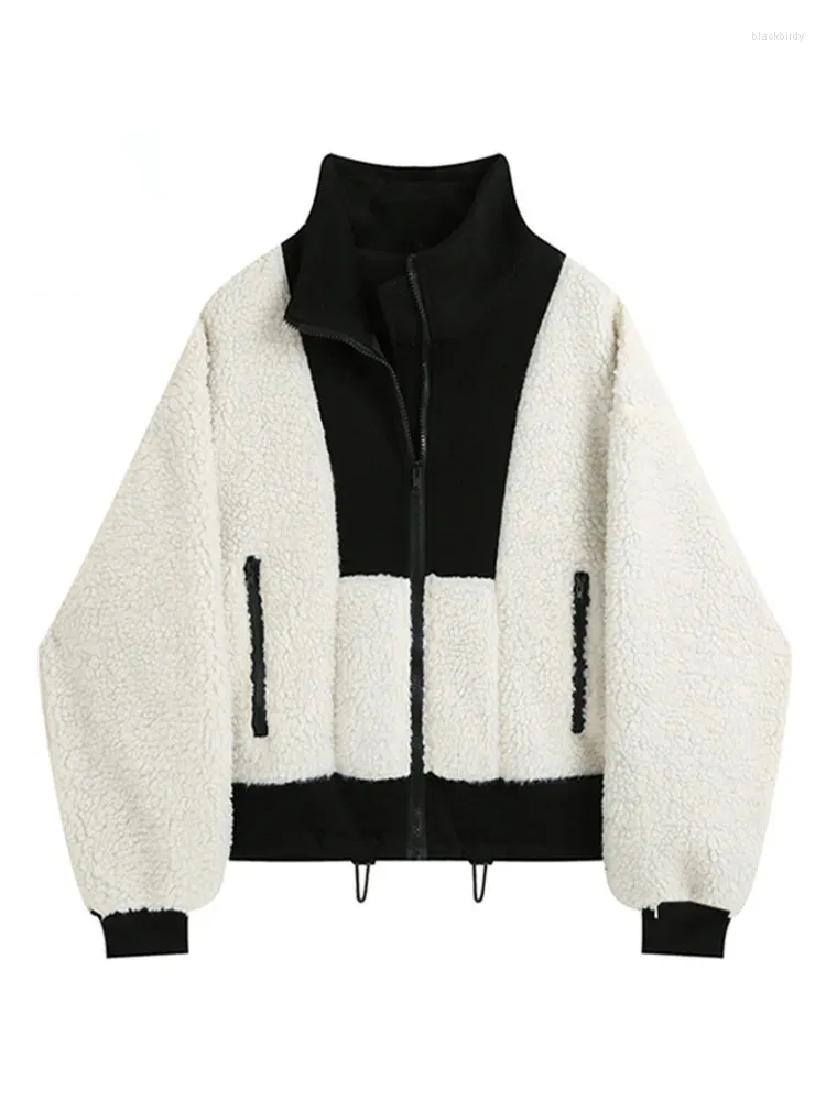 Abrigos de trinchera para mujer Mujeres Cálido Chaqueta de lana de cordero Espesado Moda coreana Casual Cuello alto Patchwork Suelto Acolchado Teddy Abrigo Femenino 2023