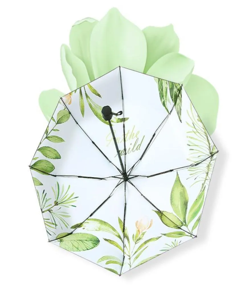 Female Mini Pocket Folding Umbrella Automatic Umbrella Rain Women Green Plants Parasol Windproof UV Protection Capsule 2011121701203