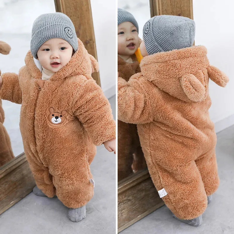 Rompers Baby Boy Clothes Cute Plush Bear Autumn Winter Keep Warm Hooded Infant Girls Overall Jumpsuit born Romper 018M 231208